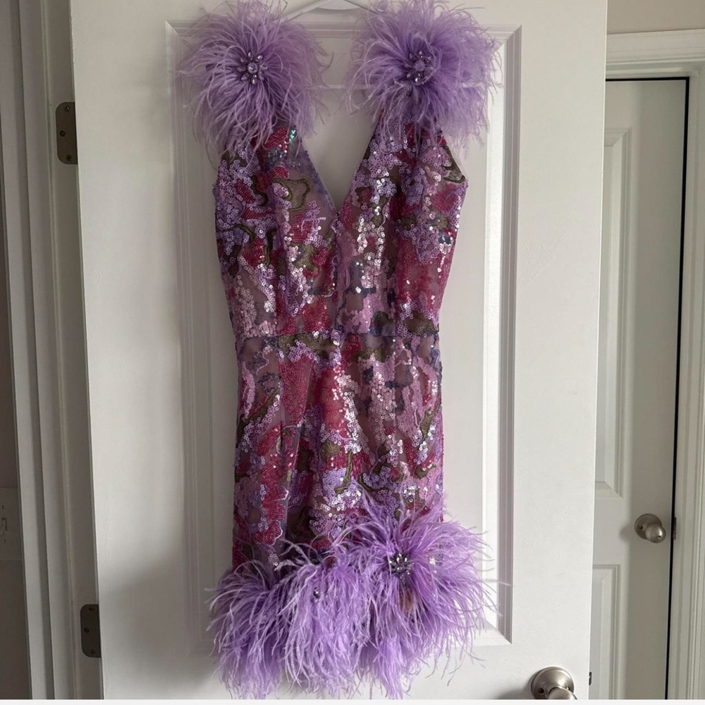 Nadine merabi Purple sequin dress with feather trim and beading - Picture 3 of 7
